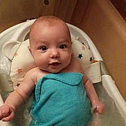 River joined the competition — help win amazing prizes! baby, bathtub, water, towel, child, splashing, bath, happy, cute, indoor, skin, head, face, person, infant, expression, blue, white, background, star_pattern