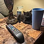 animal, black_cat, candle, cozy, cup, curious, cute, domestic_animal, feline, fur, household_items, indoor, kitten, lamp, marble_surface, pet, remote_control, resting, small, table