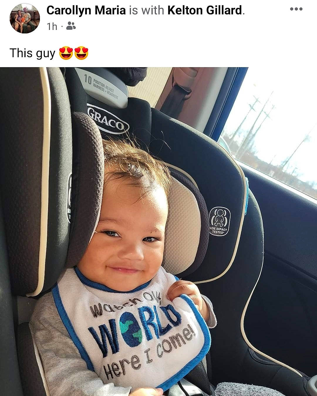 Kelton is registered to the contest to win money with this photo: audio_equipment, auto_part, automotive_design, baby, baby_in_car_seat, baby_toddler_clothing, car_seat, comfort, cool, electronic_device, font, happy, joy, person, product, smile, snapshot, steering_wheel, technology, toddler