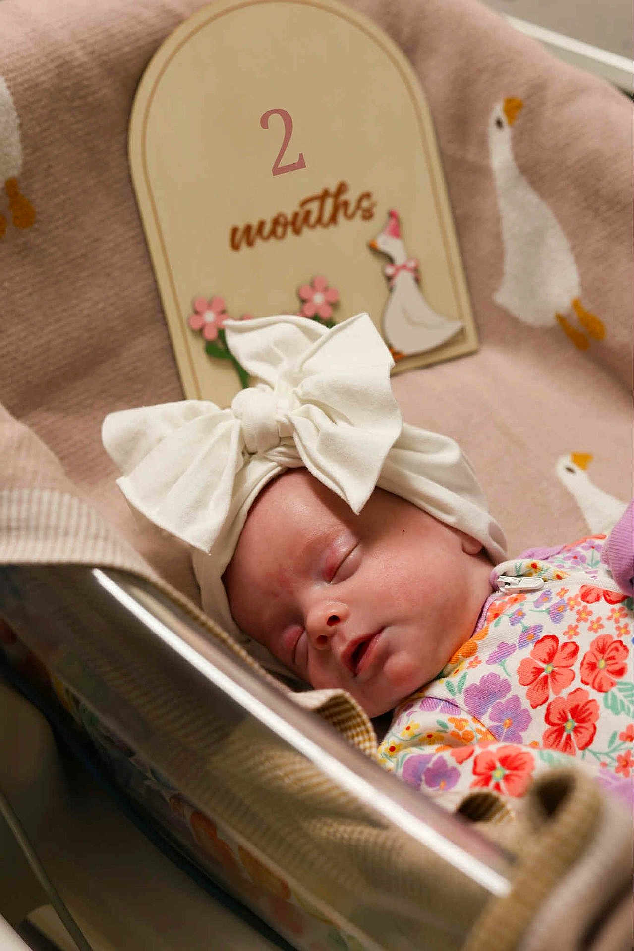 Aurora joined the competition — help win amazing prizes! baby, sleeping, headband, bow, floral_outfit, blanket, milestone_sign, geese_pattern, infant, cute, peaceful, soft_texture, closeup, indoors, newborn, child, portrait, resting, adorable, cozy