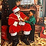 Lester V is registered to the contest to win money with this photo: santa_claus, child, christmas, gift, holiday, festive, decorations, tree, present, carpet, fireplace, curtains, smiling, celebration, indoors, person, red_suit, green_shirt, black_shoes, magic