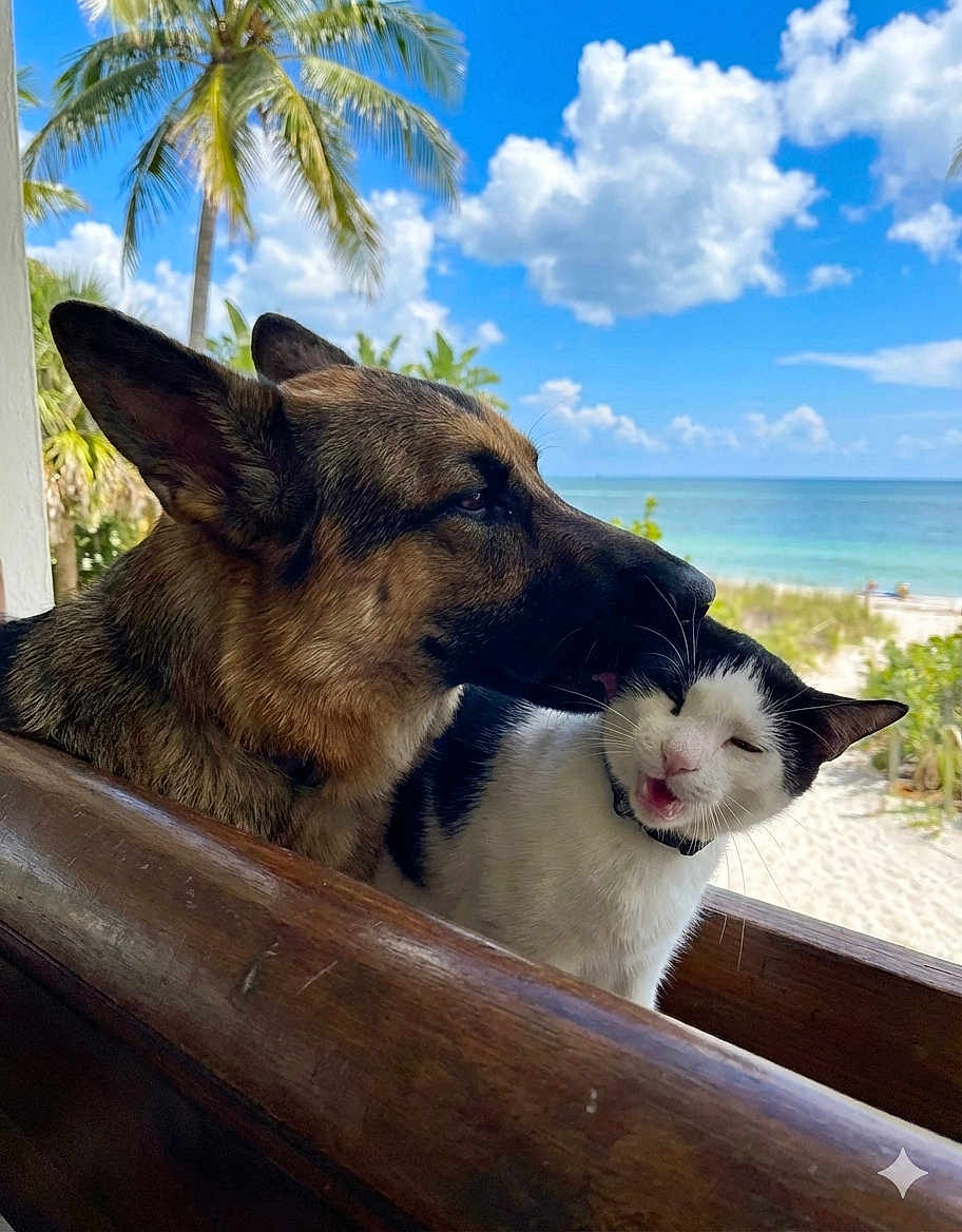 Roxy And Pèpè joined the competition — help win amazing prizes! dog, cat, beach, ocean, sky, clouds, palm_tree, wooden_rail, sand, outdoor, vacation, pets, friends, german_shepherd, black_and_white_cat, whiskers, meowing, close_up, sunny, playful