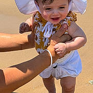 Mia is registered to the contest to win money with this photo: baby, child, sunhat, beach, sand, adult_hands, smile, outdoor, sunlight, summer, feet, shadow, clothing, happy, person, skin, nature, vacation, playful, holiday