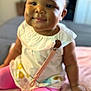 Kru joined the competition — help win amazing prizes! baby, child, infant, smiling, sitting, pink_leggings, white_top, pacifier_clip, blanket, soft_focus, indoors, cute, happy, portrait, closeup, face, skin, hair_bow, toddler, young_child