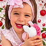blossoms, cherries, child, close_up, cute, face, flower, fruit, girl, hands, happy, headband, nature, outdoor, pink, playful, plush_toy, portrait, smiling, spring