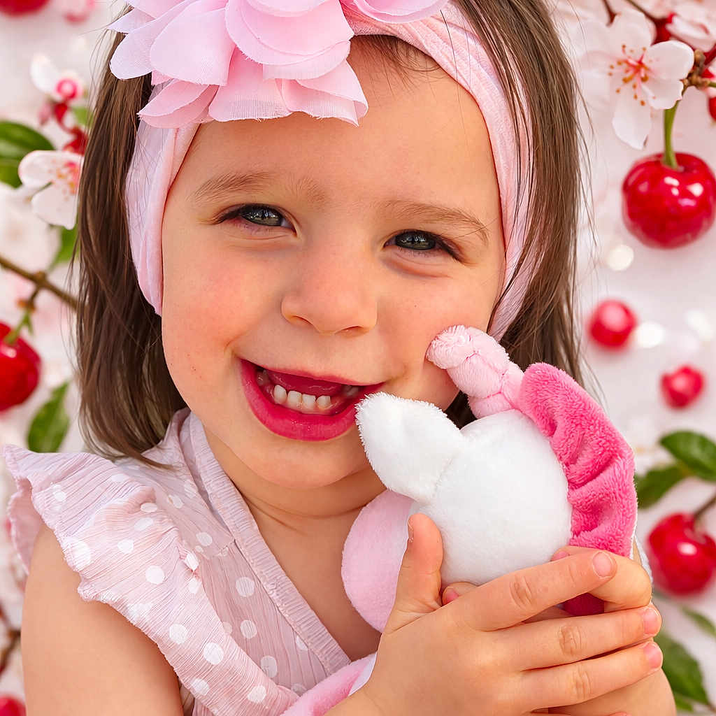 Shéryne a rejoint le concours — aidez-le/la à gagner de superbes lots ! blossoms, cherries, child, close_up, cute, face, flower, fruit, girl, hands, happy, headband, nature, outdoor, pink, playful, plush_toy, portrait, smiling, spring