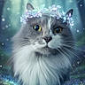 Gloria Pierce is registered to the contest to win money with this photo: cat, gray_cat, white_fur, flower_crown, animal, portrait, closeup, whiskers, forest, bokeh, nature, magical, glowing, fantasy, cute, pet, feline, soft_light, fluffy