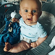 Mael participe au concours pour gagner de l'argent avec cette photo : baby, blue_eyes, blanket, baby_chair, toy, indoor, person, cushion, clothing, infant, cute, expression, hand, foot, face, seatbelt, furniture, surprised, child, comfort