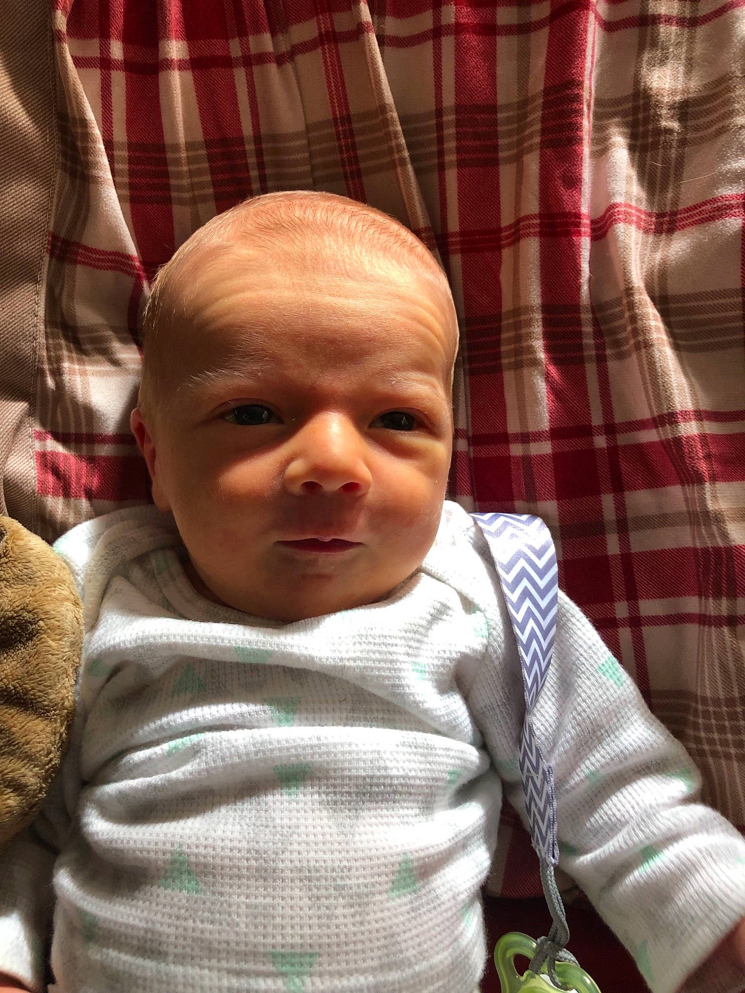 Brysen joined the competition — help win amazing prizes! baby, cheek, child, design, face, head, pattern, person, plaid, skin, textile, toddler