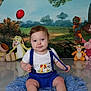 baby, child, blue_rug, suspenders, white_shirt, winnie_the_pooh, tigger, piglet, rabbit, honey_pots, red_balloon, playful, smiling, indoor, portrait, cute, floor, colorful, toys, cartoon_backdrop