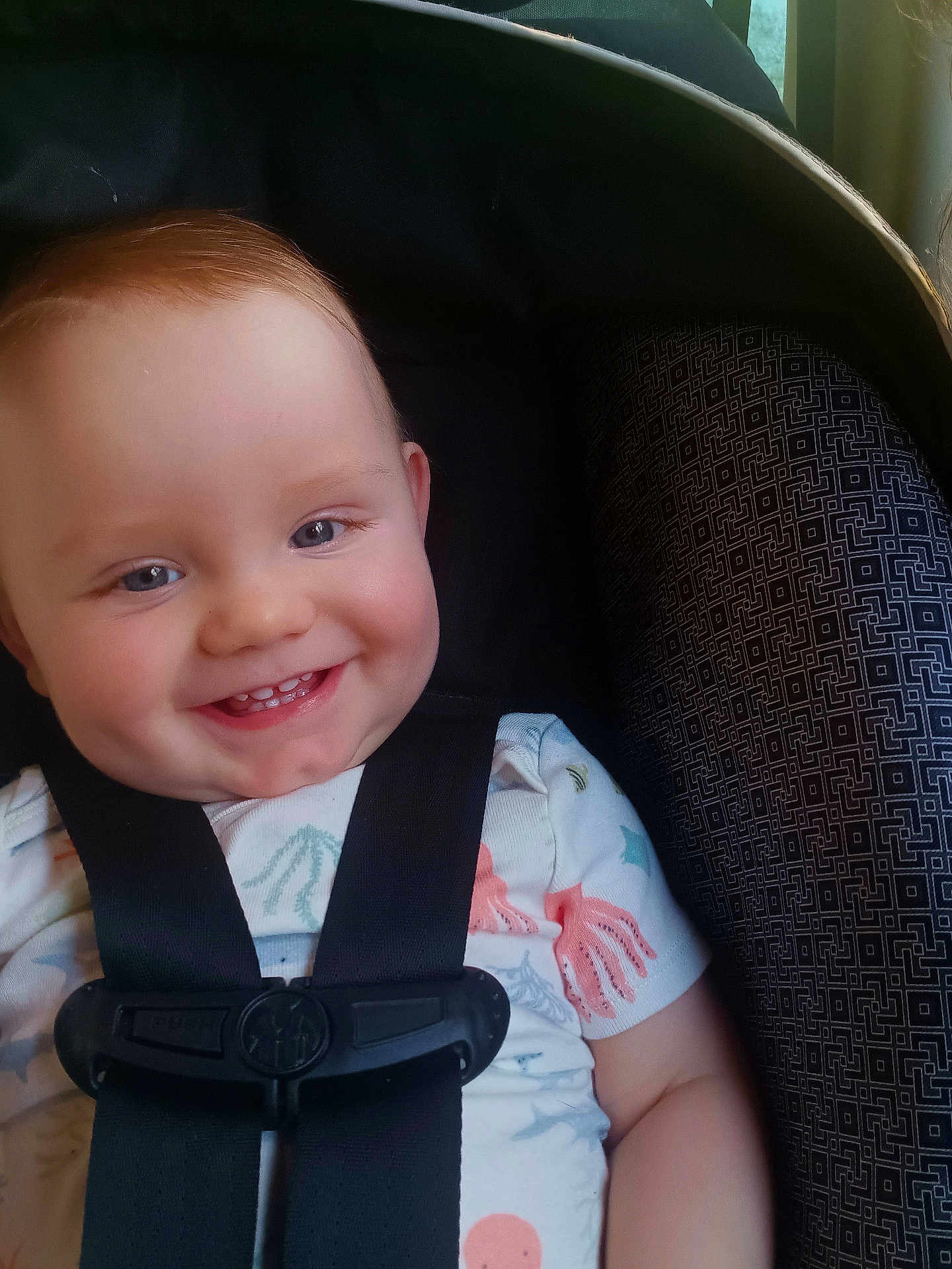 Otis joined the competition — help win amazing prizes! baby, smiling, car_seat, child, infant, face, safety_harness, cute, cheeks, clothing, seat, happiness, person, indoors, young_child, portrait, head, expression, seatbelt, baby_clothes