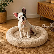 Blue a rejoint le concours — aidez-le/la à gagner de superbes lots ! french_bulldog, puppy, dog_bed, rug, wooden_floor, indoor, plant, potted_plant, cabinet, candle, toy, rope_toy, natural_light, pet, cute, cozy, animal, home, living_room, curious