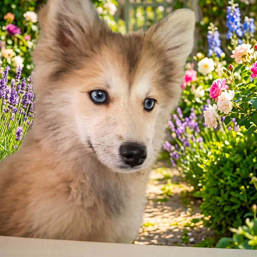 Aria participe au concours pour gagner de l'argent avec cette photo : puppy, dog, blue_eyes, fluffy, garden, flowers, outdoor, nature, greenery, sunlight, summer, curious, pet, cute, animal, young_dog, fence, bokeh, colorful, portrait