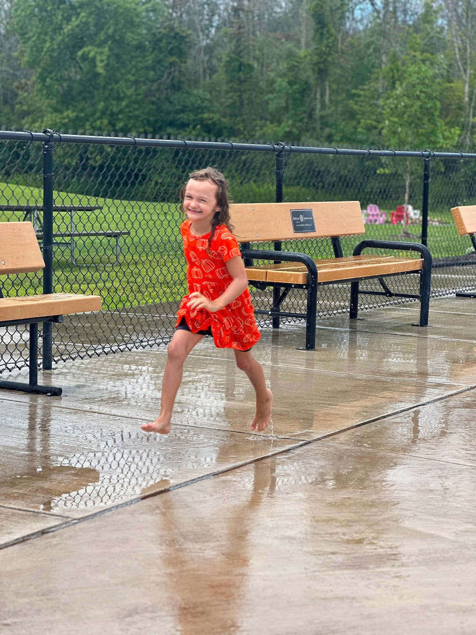 Genevieve joined the competition — help win amazing prizes! bench, competition_event, fence, fun, human_leg, joy, leisure, net, outdoor_bench, outdoor_furniture, outdoor_table, people_in_nature, person, plant, rain, recreation, sports, sports_equipment, thigh, tree