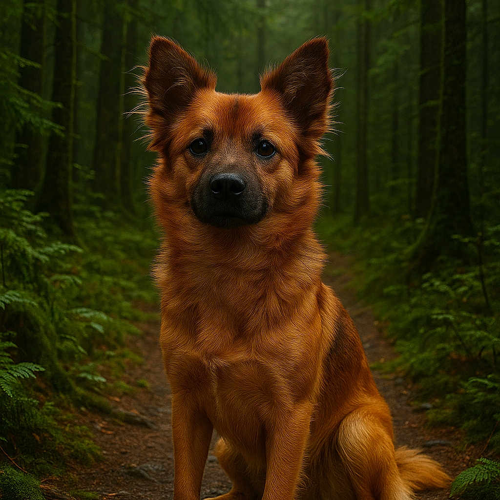 Venus participe au concours pour gagner de l'argent avec cette photo : alert, animal, brown_fur, canine, dog, ears, ferns, forest, fur, greenery, moss, nature, outdoor, path, pet, scenic, sitting, trees, wildlife, woods