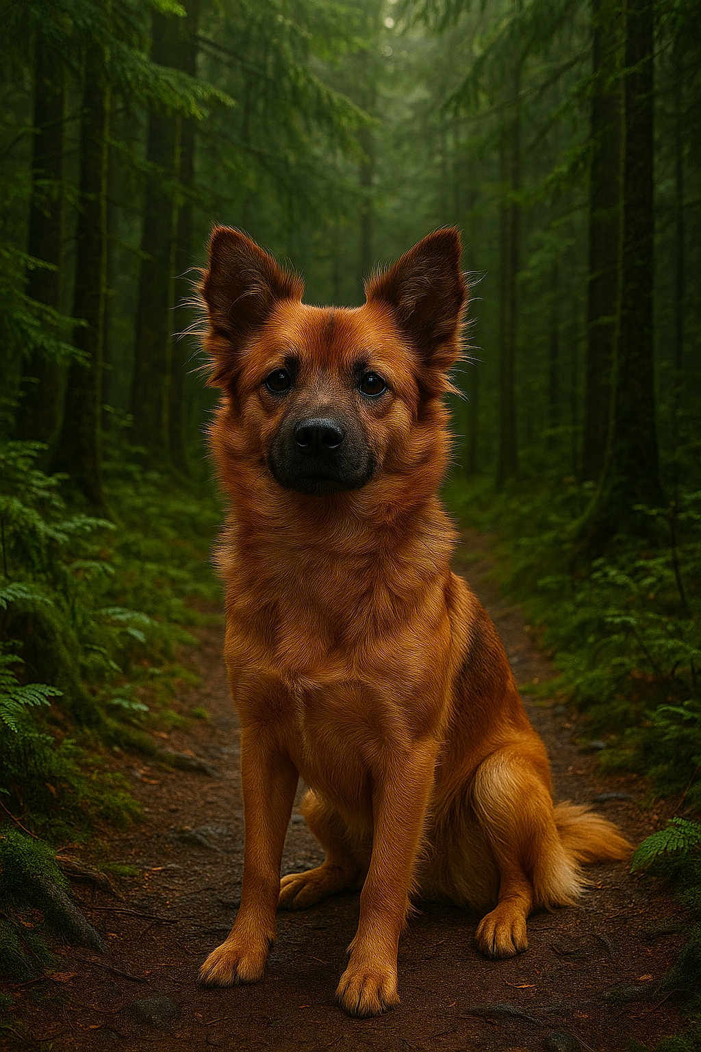Venus participe au concours pour gagner de l'argent avec cette photo : dog, forest, path, trees, greenery, nature, animal, pet, fur, ears, canine, outdoor, woods, moss, ferns, sitting, alert, brown_fur, wildlife, scenic
