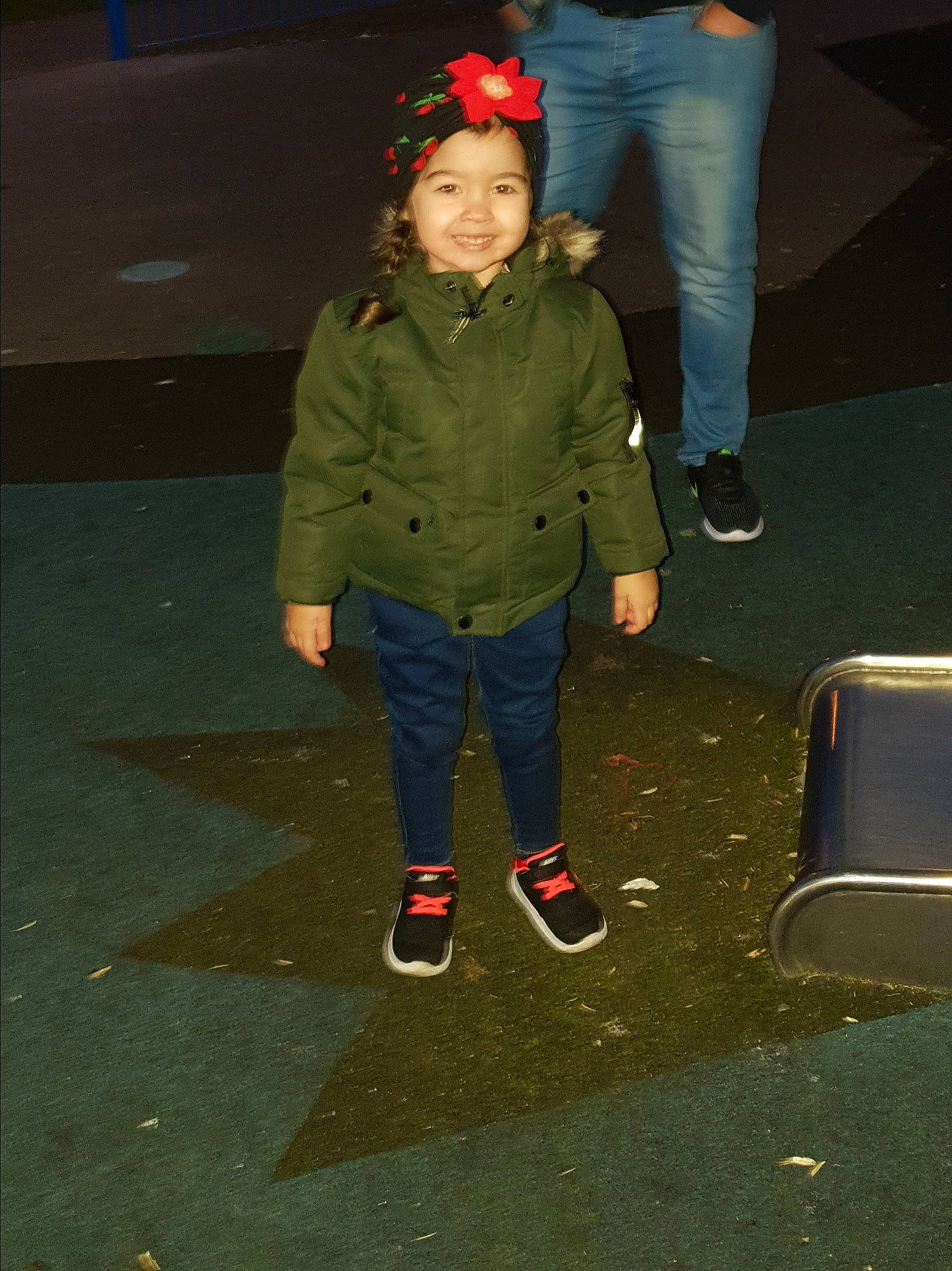 Maya joined the competition — help win amazing prizes! child, fun, jacket, jeans, joy, night, outerwear, person, standing