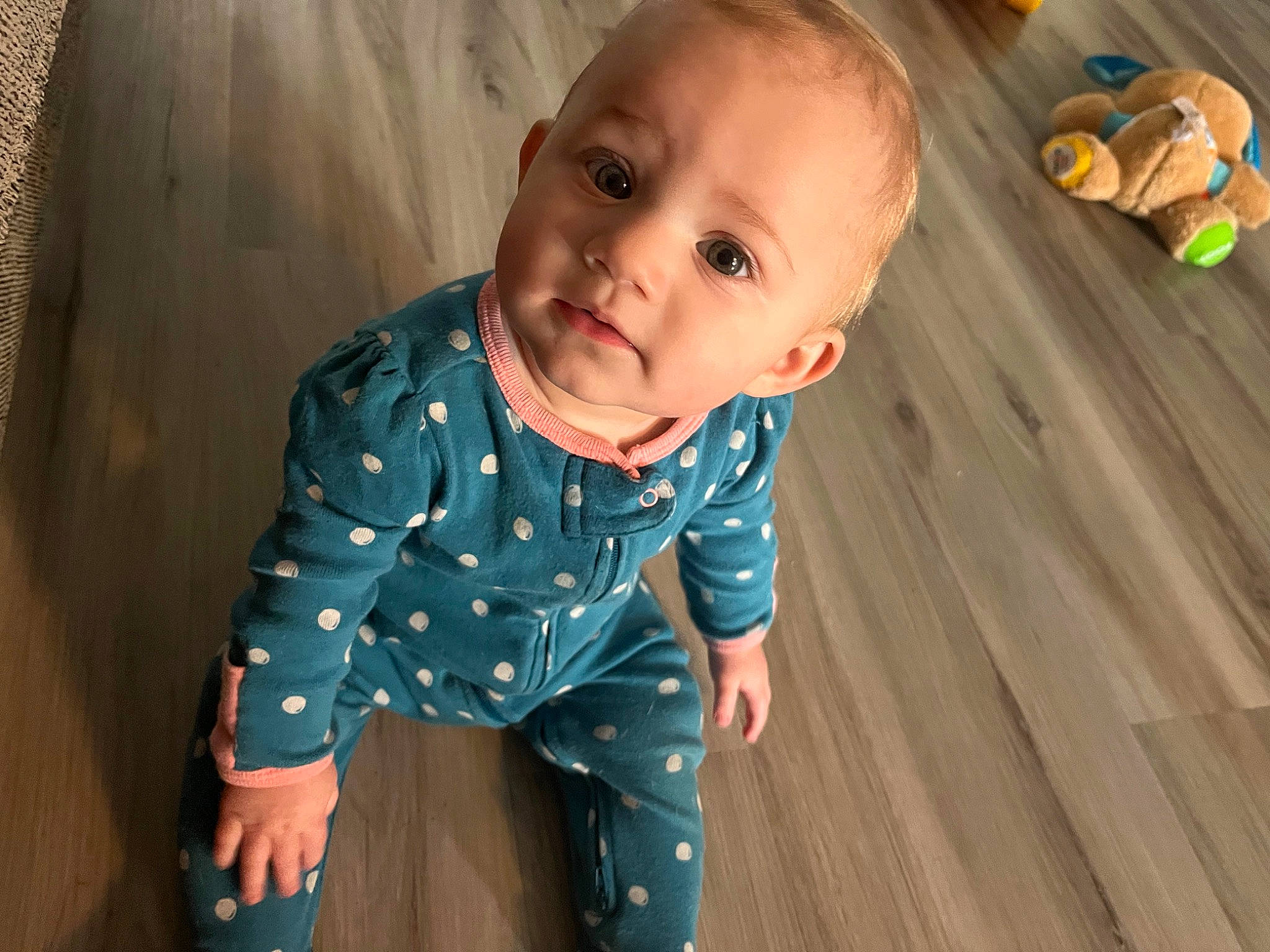 Everly is registered to the contest to win money with this photo: baby, baby_toddler_clothing, beauty, cheek, chin, dress, eye, flash_photography, floor, flooring, happy, hardwood, head, iris, nose, person, skin, sleeve, standing, toddler