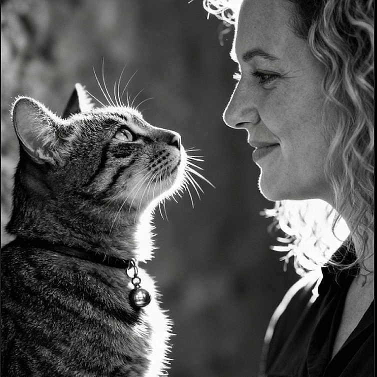 Tigrou participe au concours pour gagner de l'argent avec cette photo : affection, animal, bell, black_and_white, cat, close_up, collar, curly_hair, expression, feline, gaze, human, intimate, pet, portrait, profile, side_view, soft_lighting, whiskers, woman
