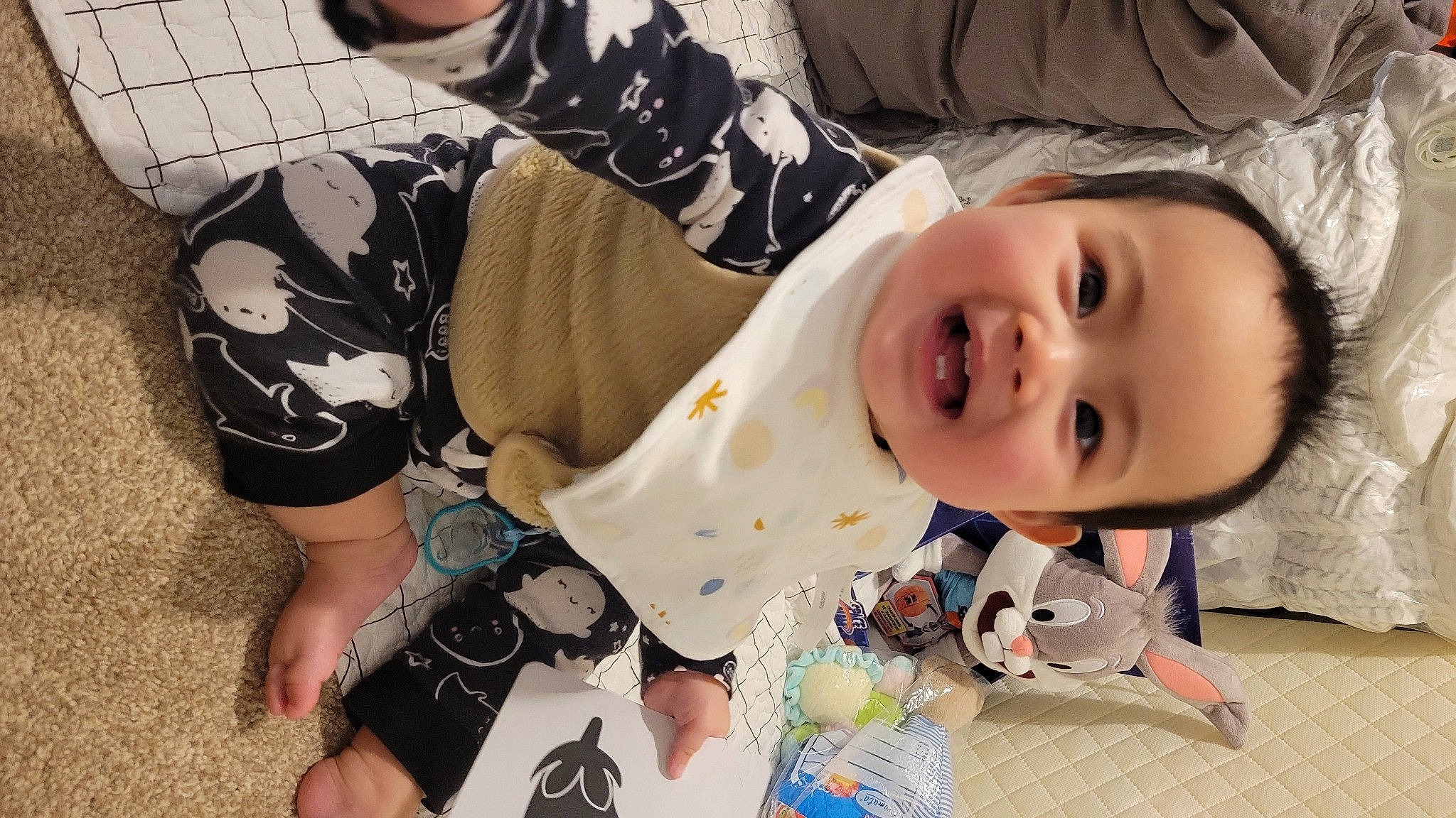 Larry joined the competition — help win amazing prizes! baby, baby_toddler_clothing, cheek, child, comfort, flash_photography, flooring, foot, fun, happy, iris, joy, mouth, nose, pattern, person, sitting, skin, sleeve, smile