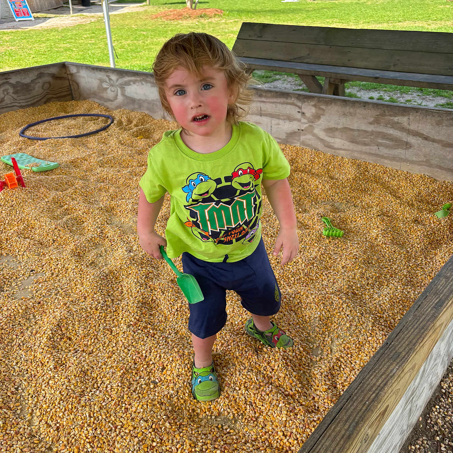 Waylon joined the competition — help win amazing prizes! bench, child, corn_kernels, corn_pit, curious_expression, daytime, face, grass, green_shirt, messy_hair, outdoor, play_area, playground, shovel, smile, tent, tmnt_shirt, toddler, toy_shoes, wooden_box