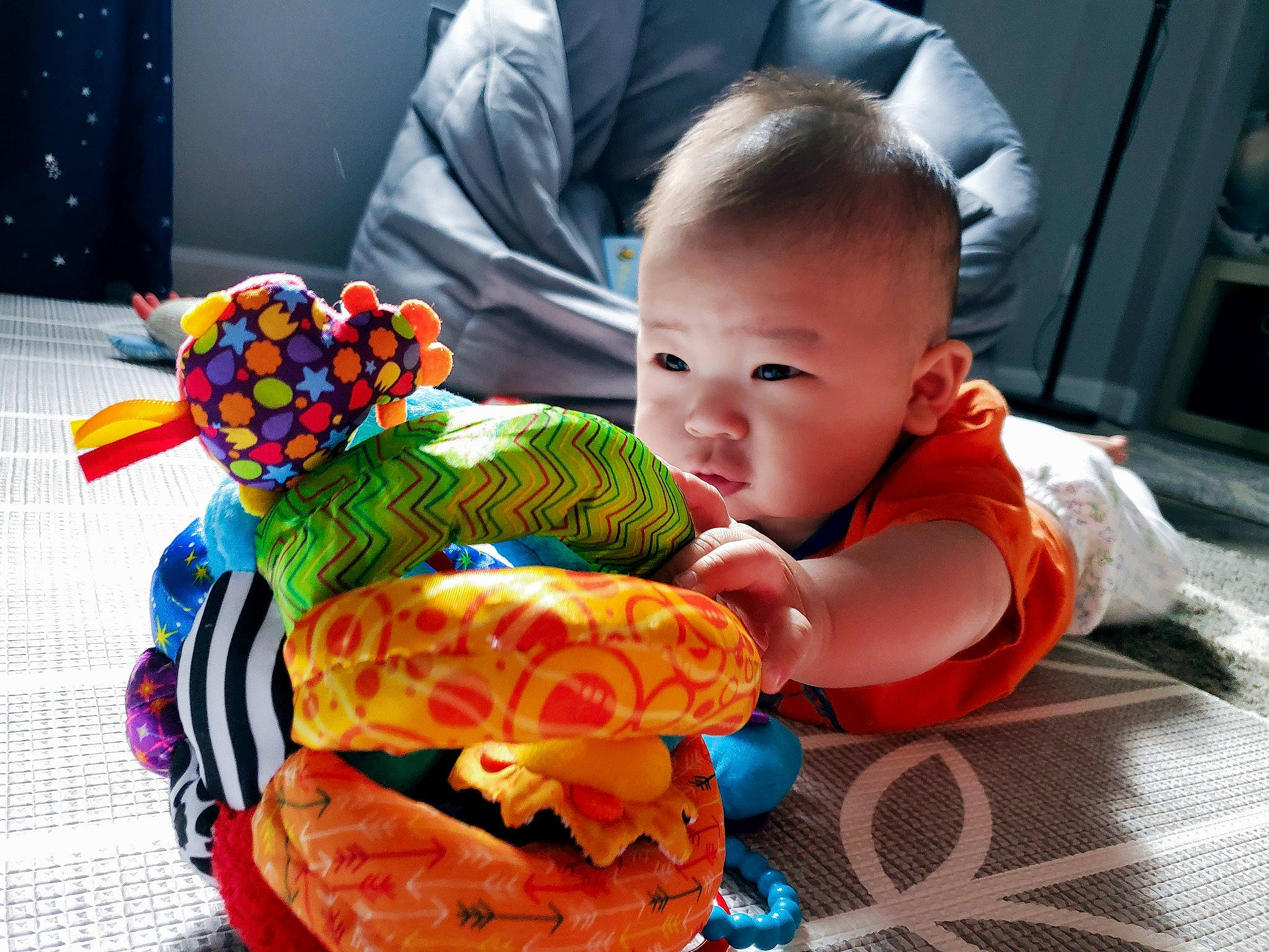 Hamilton joined the competition — help win amazing prizes! baby, baby_products, baby_toddler_clothing, child, comfort, event, fashion_accessory, fun, happy, holiday, orange, pattern, person, play, sitting, stuffed_toy, sweetness, textile, toddler, toy