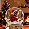 Kona joined the competition — help win amazing prizes! dog, puppy, christmas, snow_globe, santa_hat, santa_costume, holiday, ornaments, fireplace, christmas_tree, decorations, festive, snow, table, warm_lighting, indoor, cute, celebration, seasonal, pet