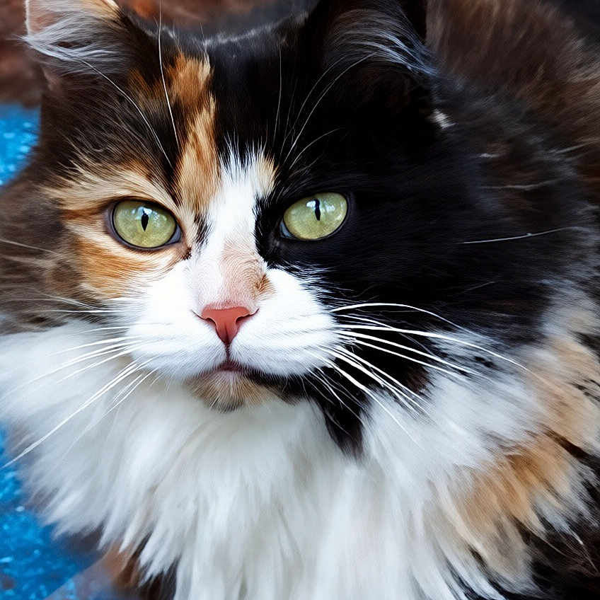 Calico joined the competition — help win amazing prizes! cat, calico_cat, longhaired, fluffy, fur, green_eyes, whiskers, pet, animal, portrait, close_up, face, staring, cute, colorful, black, white, orange, indoor, photography
