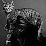 cat, feline, spotted_cat, leather_chair, black_and_white, indoor, pet, animal, relaxed, lounging, whiskers, ears, tail, texture, pattern, portrait, domestic_cat, sitting, looking, side_view