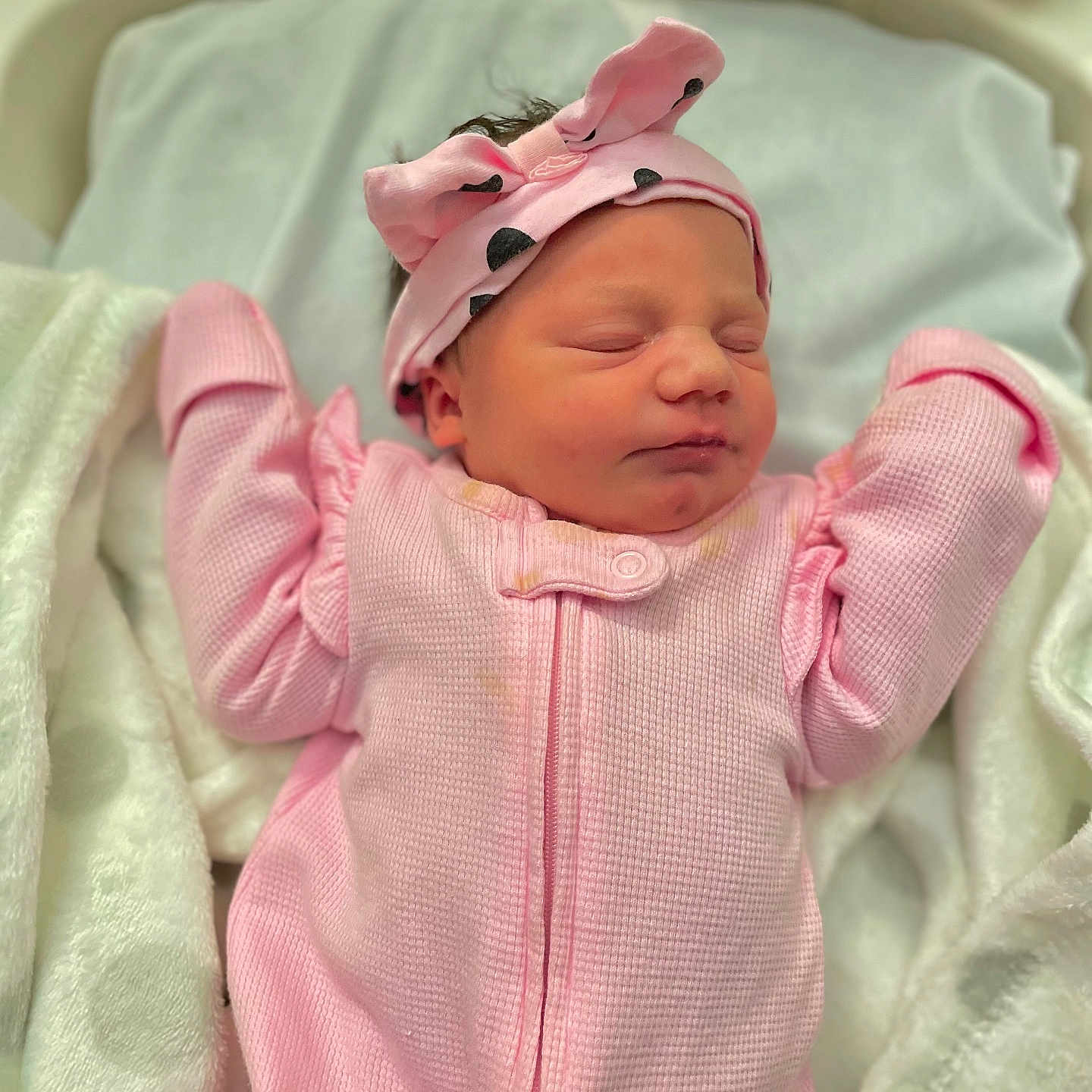 Willow is registered to the contest to win money with this photo: architecture, baby, bed, blanket, bonnet, clothing, cradle, crib, cushion, face, furniture, hat, head, homedecor, infantbed, newborn, person, photography, portrait, sleeping