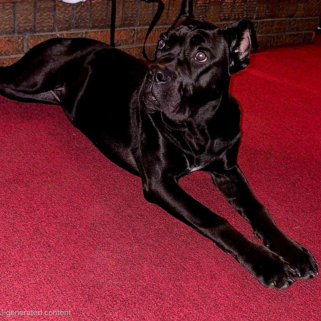 Katonna joined the competition — help win amazing prizes! alert, animal, black_dog, brick_wall, canine, carpet, companion, dog, domestic, ears, fur, household, indoor, looking_away, lying_down, mammal, paws, pet, red_carpet, resting