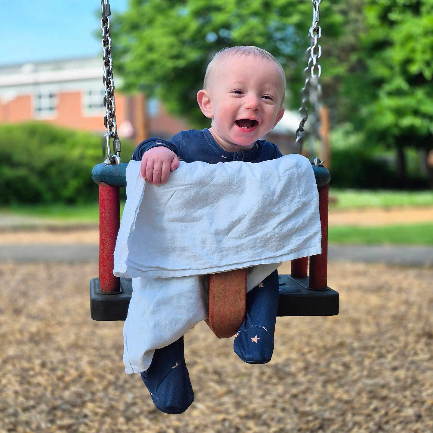Reggie Wood joined the competition — help win amazing prizes! baby, blanket, blue_sky, child, clothing, daylight, fun, grass, happy, infant, nature, outdoor, park, person, playground, seat, smiling, swing, trees, woodchips