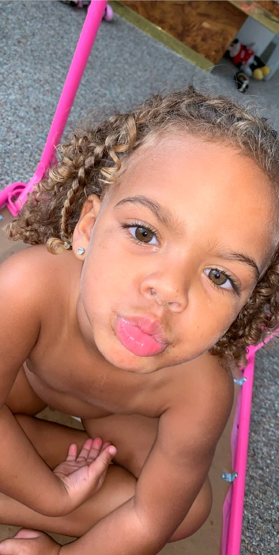 Ava joined the competition — help win amazing prizes! beauty, black_hair, blond, cheek, child_model, close_up, eyebrow, face, forehead, hair, hairstyle, head, lip, long_hair, mouth, neck, nose, person, pink, skin