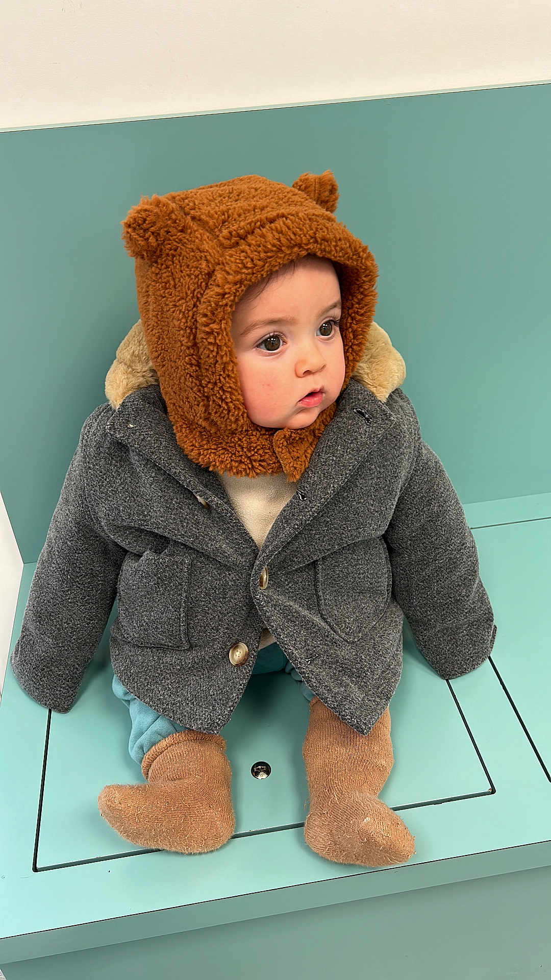 Noah Lorenzo a rejoint le concours — aidez-le/la à gagner de superbes lots ! baby, child, coat, hat, bear_ears, sitting, curious, warm_clothing, gray_coat, brown_hat, teal_bench, indoor, cute, portrait, winter_wear, footwear, socks, fuzzy, young_child, face