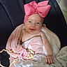 Olivia joined the competition — help win amazing prizes! baby, infant, child, smiling, portrait, car_seat, pink_bow, headband, blanket, pacifier, toy, seated, indoor, close_up, face, eyes, happy, infant_clothing, cozy, photography