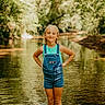Zoey is registered to the contest to win money with this photo: child, girl, smiling, portrait, outdoors, woodland, forest, stream, shallow_water, nature, trees, reflection, sunlight, overalls, denim, turquoise_shirt, standing, hands_on_hips, adventure, water