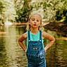 Zoey joined the competition — help win amazing prizes! child, girl, portrait, outdoors, creek, stream, water, forest, nature, standing, hands_on_hips, duck_face, blonde_hair, overalls, denim, turquoise_shirt, reflection, greenery, sunlight, countryside