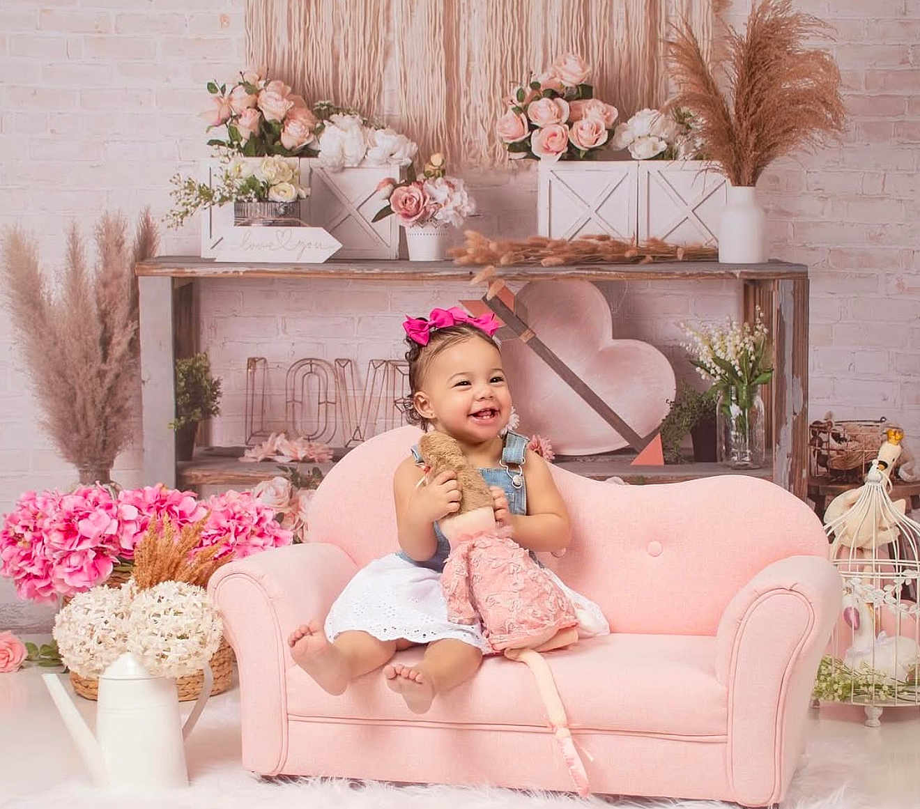 Angelina is registered to the contest to win money with this photo: toddler, child, pink_couch, doll, flowers, decor, heart, shelf, pink_bows, smile, happy, indoor, plush_toy, white_dress, rustic, girl, cute, soft_tones, homedecor, photography