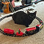 black_cat, toy_train, train_track, carpet, indoor, home, sock, box, board_games, pet, animal, feline, toy, floor, living_room, decor, cord, sitting, small_toy, red