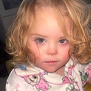 Danziell joined the competition — help win amazing prizes! bedroom_background, blonde_hair, blue_eyes, cartoon_pattern, child, closeup, curly_hair, cute, drool, expressionless, face, flash_photo, hand, indoor, onesie, pajamas, portrait, soft_lighting, toddler, young_child