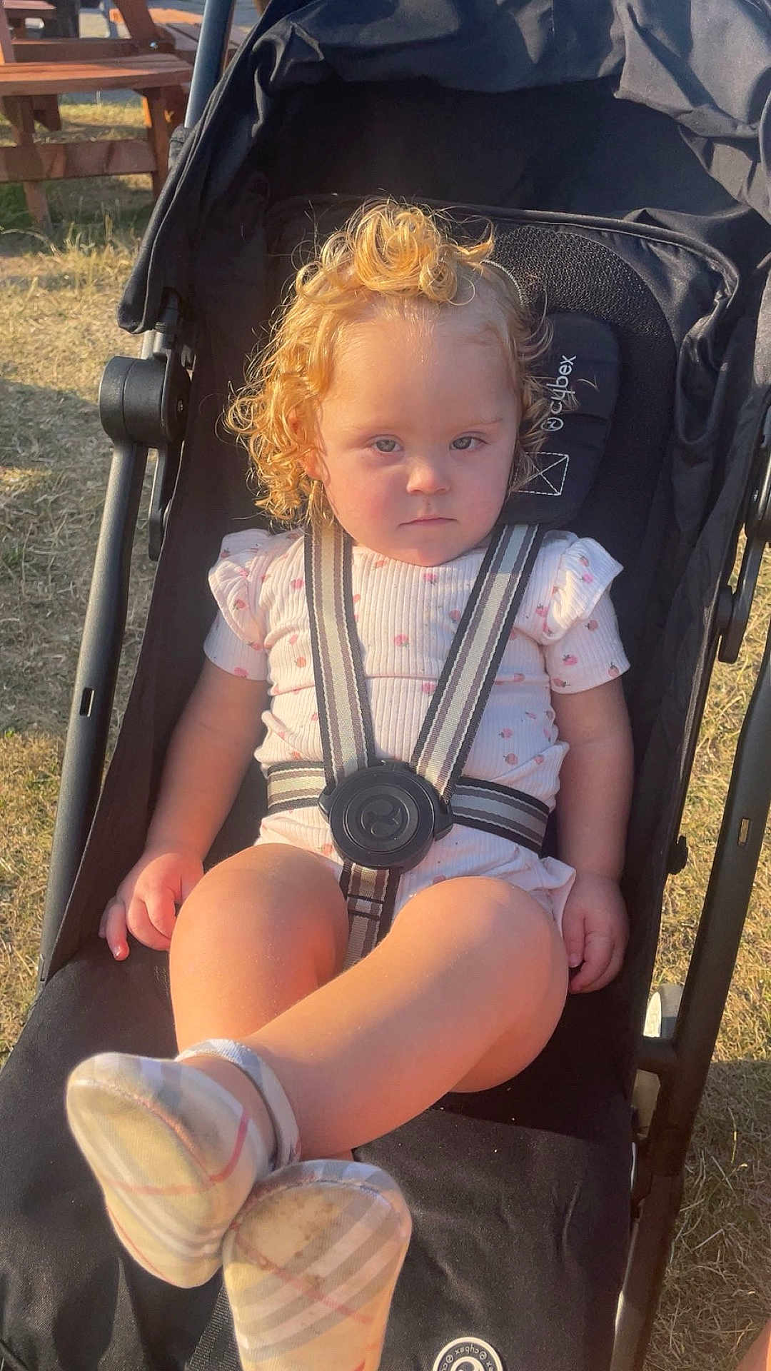 Danziell is registered to the contest to win money with this photo: toddler, child, stroller, curly_hair, outdoor, sunlight, grass, pink_clothing, socks, seatbelt, serious_expression, baby, portrait, daylight, picnic_table, park, legs, person, plaid_pattern, black_stroller