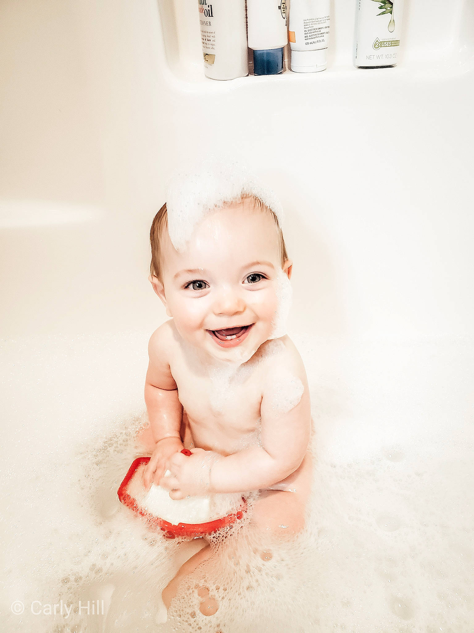 Benji joined the competition — help win amazing prizes! baby, bathing, bathtub, beauty, cheek, child, eye, face, facial_expression, fun, head, joy, nose, person, photograph, photography, pink, room, skin, smile