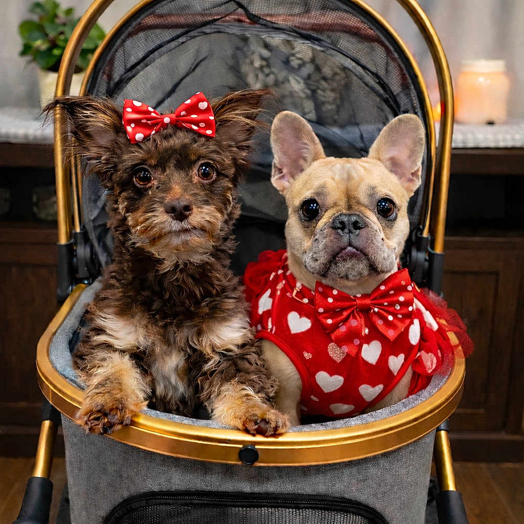 Maggie And Tate joined the competition — help win amazing prizes! adorable, bow_tie, close_up, costume, dog, french_bulldog, hearts_pattern, indoor, pair, pet_fashion, pet_stroller, polka_dot_bow, portrait, puppy, red_bow, red_outfit, sitting, small_dog, stroller, wooden_furniture