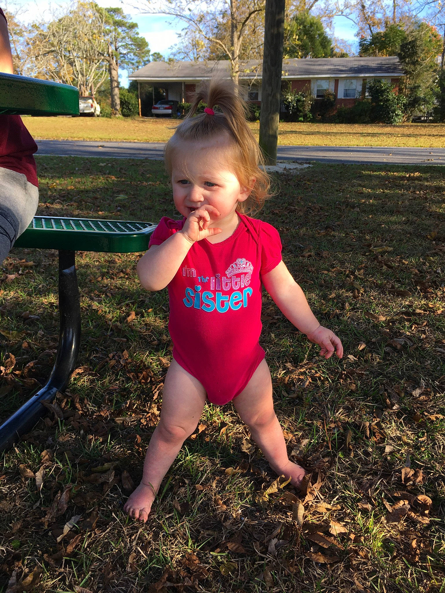 Arielle is registered to the contest to win money with this photo: child, fun, grass, happy, lawn, leaf, leg, person, pink, plant, play, smile, soil, sportswear, spring, summer, toddler, tree, vacation, yard