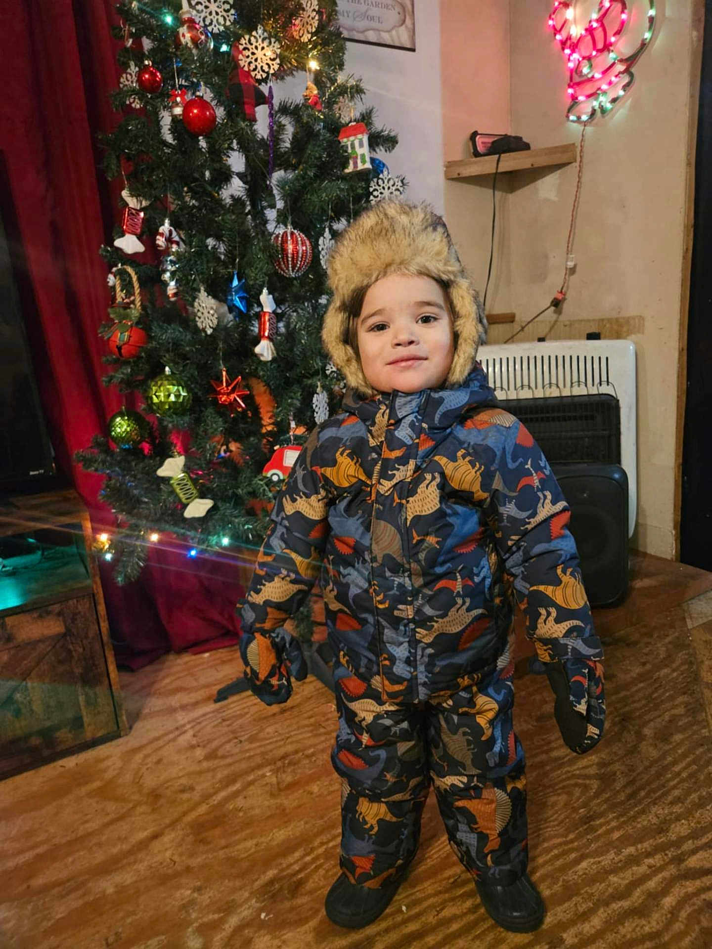 Isaac joined the competition — help win amazing prizes! child, winter_clothing, hat, mittens, boots, dinosaur_pattern, christmas_tree, ornaments, indoor, floor, holiday, festive, smile, person, decorations, seasonal, warm_clothes, fur_hat, wood_floor, cozy