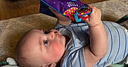 Patrick joined the competition — help win amazing prizes! baby, blanket, blue_striped_shirt, child, colorful, couch, curious, eyes, face, floor, hand, indoor, infant, lying_down, play_mat, plush_toy, room, soft_book, toy, wooden_floor