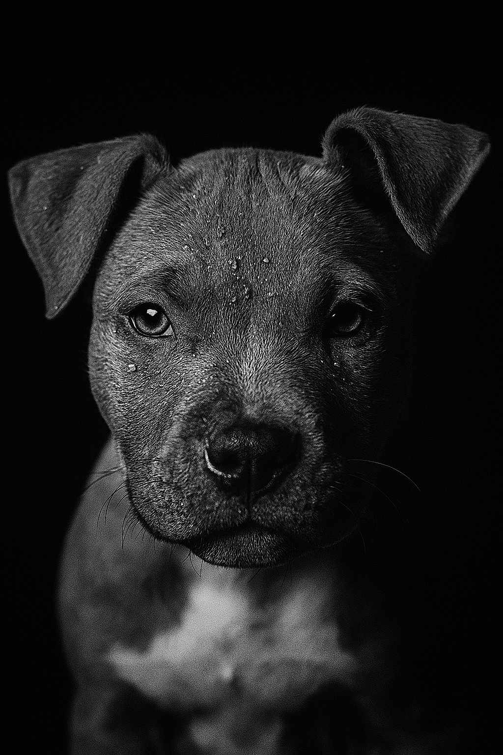 Appollo participe au concours pour gagner de l'argent avec cette photo : puppy, dog, black_and_white, portrait, close_up, animal, pet, fur, face, eyes, texture, droplets, studio_lighting, dark_background, cute, young, mammal, expression, whiskers, ears