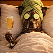 Zera joined the competition — help win amazing prizes! dog, towel, cucumber_slices, bed, blanket, glass, beverage, relaxation, spa, pampering, brown_dog, ears, pillow, indoor, comfort, resting, animal, canine, portrait, funny