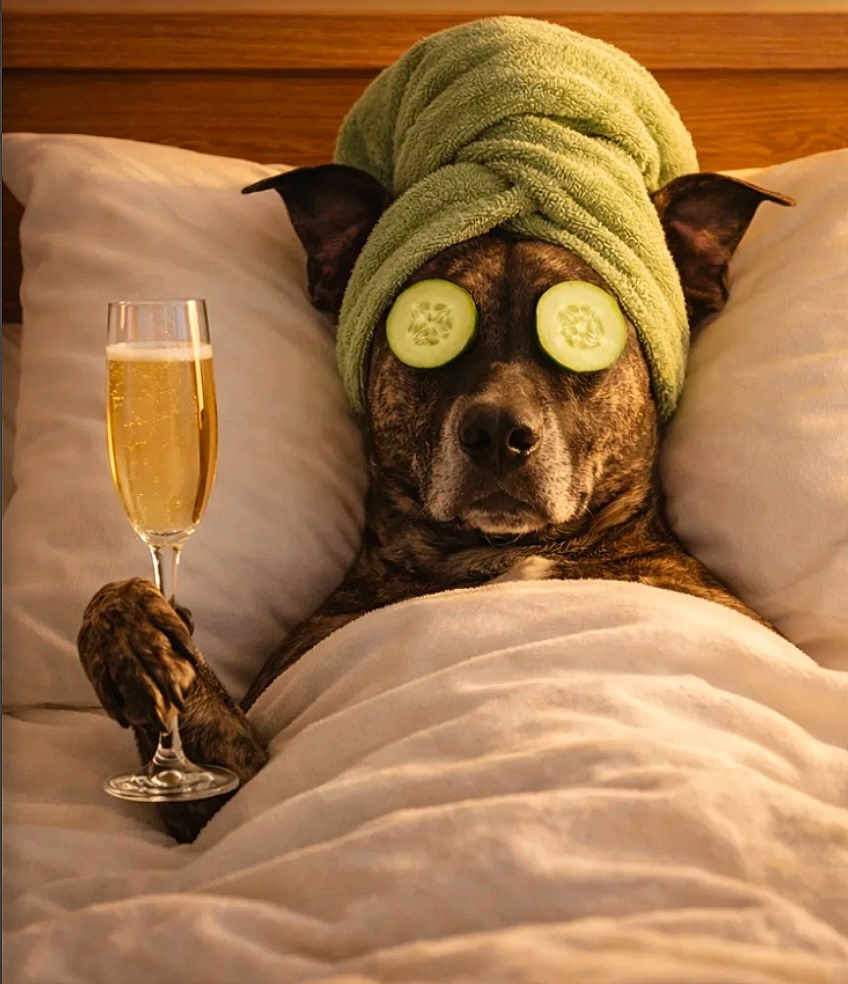 Zera joined the competition — help win amazing prizes! dog, towel, cucumber_slices, bed, blanket, glass, beverage, relaxation, spa, pampering, brown_dog, ears, pillow, indoor, comfort, resting, animal, canine, portrait, funny
