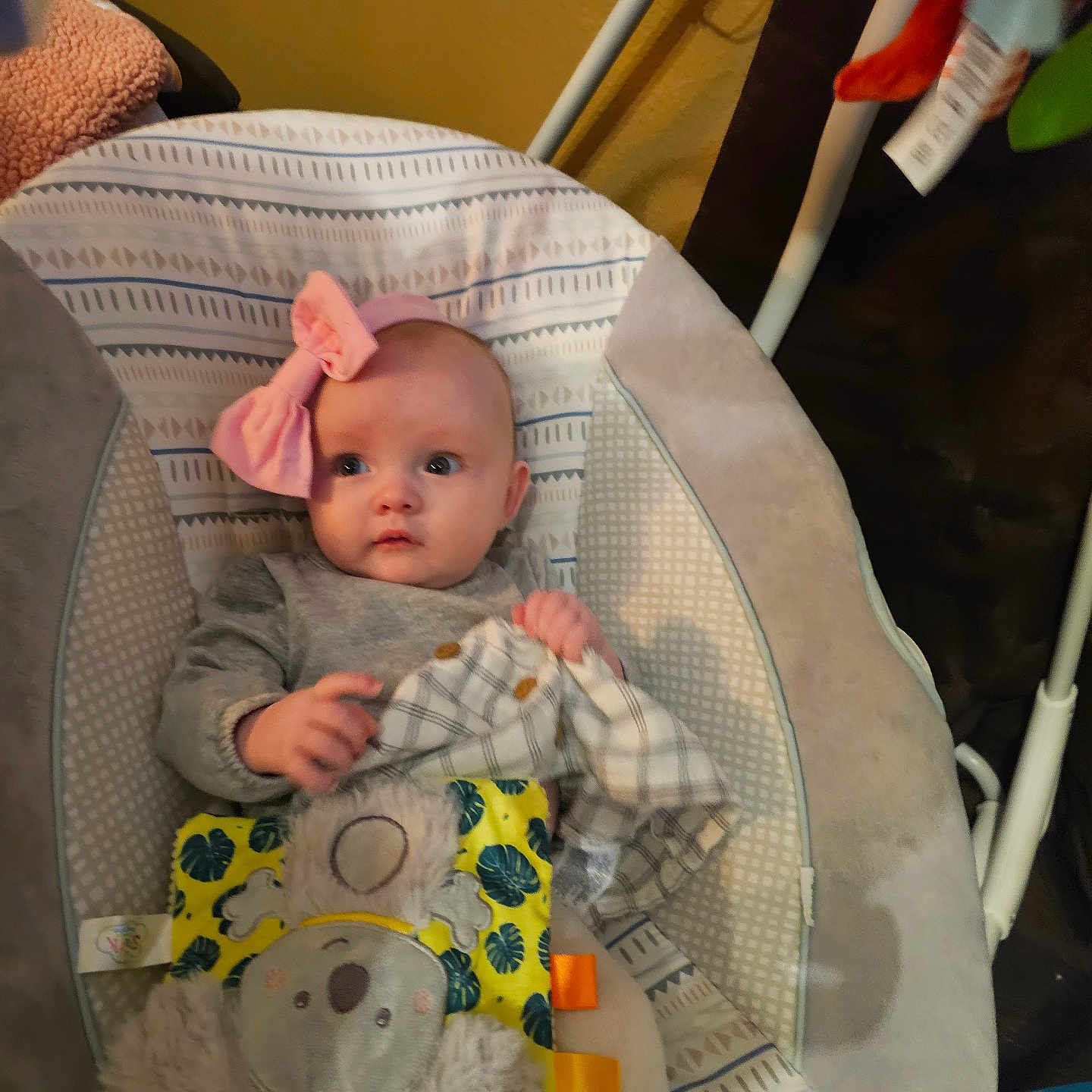 Nysa joined the competition — help win amazing prizes! baby, baby_seat, blanket, bouncer, bow, child, cute, eyes, fabric_pattern, face, gaze, hands, headband, indoor, infant, koala, plush_toy, soft_toy, striped_pattern, toy